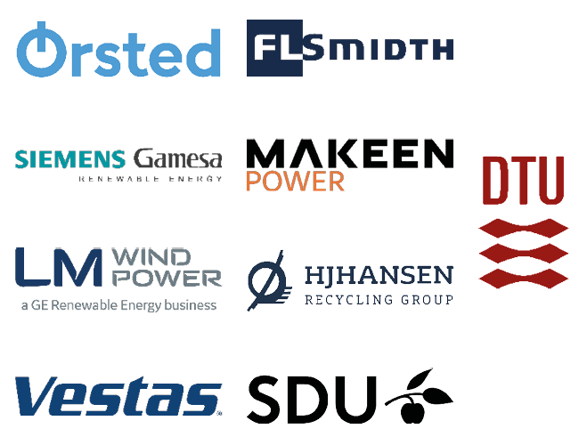 Decomblades-partnere-logo logo af samarbejdspartnere i DecomBlades. HJHansen Recycling Group Vestas, SiemensGamesa, LM Wind Power, Ørsted, FLSmidth, Makeen Energy, SDU, DTU og Energy Cluster Denmark