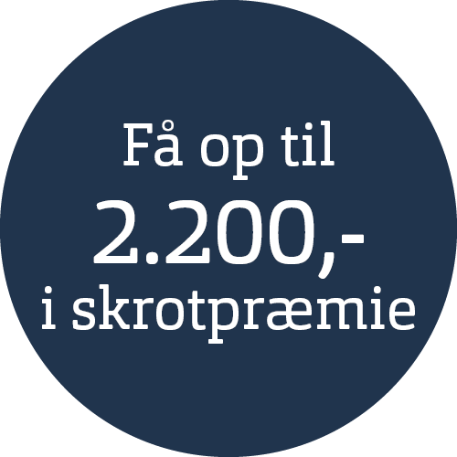 Blå cirkel med teksten Få op til 2200 i skrotpræmie hos HJHansen Bildemontering